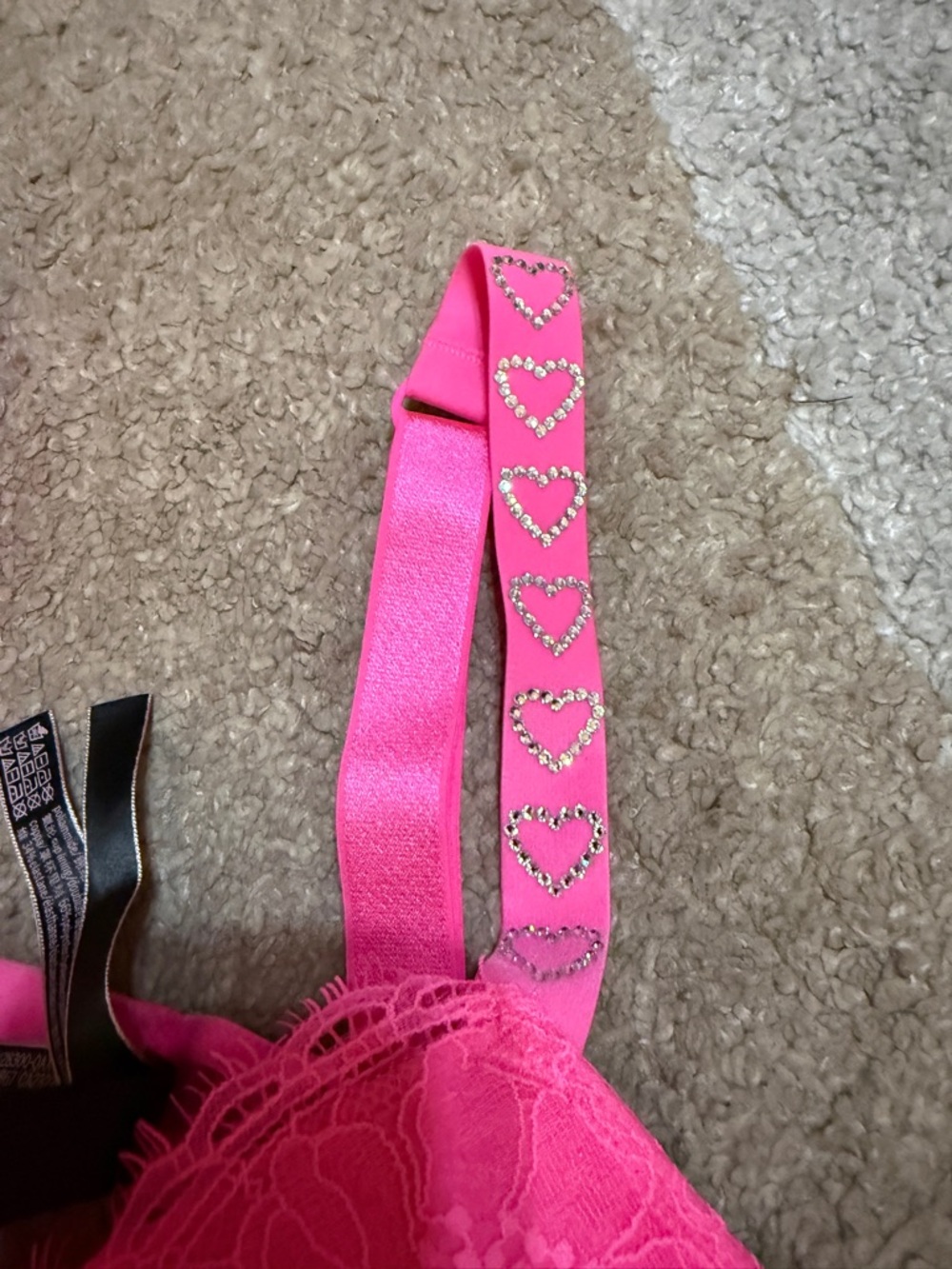 Victoria's Secret Pink Lace Push-Up Bra- Heart Rhinestones on wide Strap- 34A - Picture 4 of 7